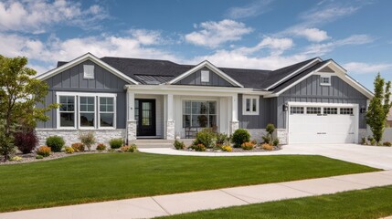 Stunning photo of exterior of a modern singlefamily home with green lawn and blue sky.