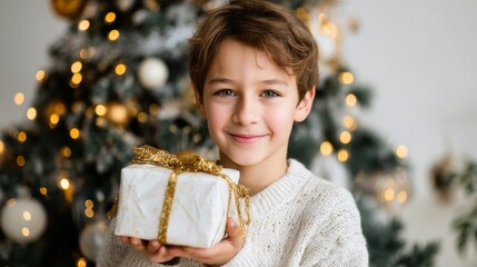Young boy happily holding a white Christmas gift box with gold ribbon in front of a decorated holiday tree