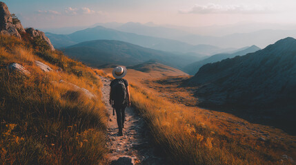 Traveler woman exploring mountain trail with backpack