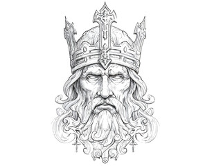 A striking illustration of a kings head adorned with a detailed crown. The king has long hair and an intense gaze, conveying strength and authority in a regal style.