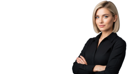 Young woman, blonde bob, black collared shirt, arms crossed, confident smile on transparent studio background, copy space, soft studio light, female empowerment concept.