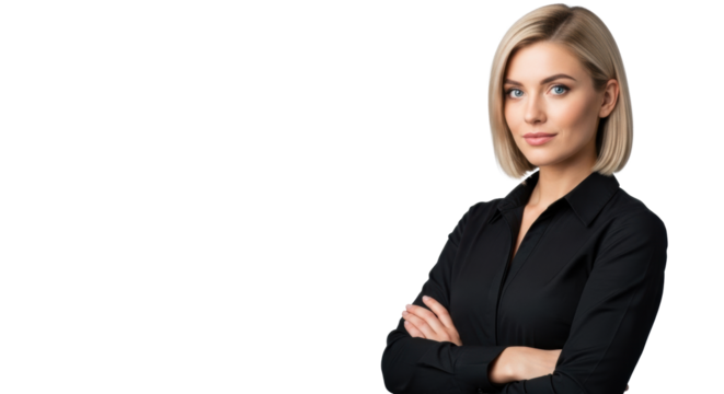 Young woman, blonde bob, black collared shirt, arms crossed, confident smile on transparent studio background, copy space, soft studio light, female empowerment concept.