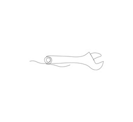 One continuous line drawing of a wrench tool. White background. Downloadable construction logo symbol. Wrench outline vector illustration. Editable stroke.