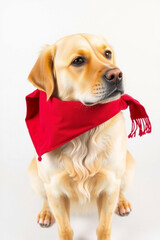 A Golden Retriever Wearing A Red Scarf On A White Background