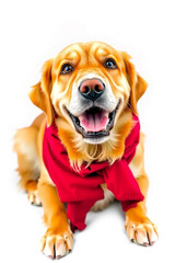 A Golden Retriever Wearing A Red Scarf On A White Background