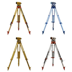 Four surveying instruments on tripods, each with a different color scheme, isolated on a white background.