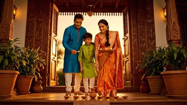 Indian family in traditional attire lighting diyas at home for a festive celebration, embodying culture and togetherness
