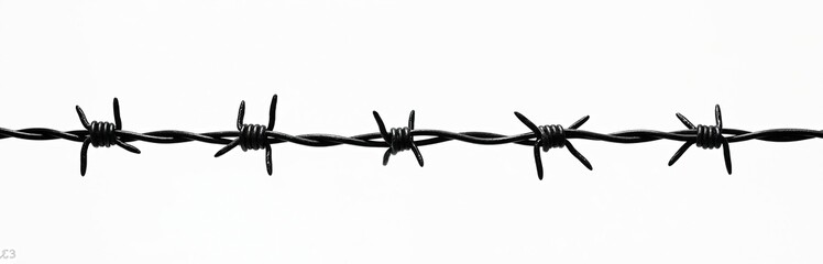 Black barbed wire twisted together isolated on white background. Sharp metal wire used for security and boundary. Closeup of dangerous fence element.