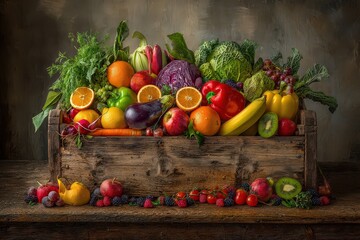 Vibrant Colorful Fruits and Vegetables in Rustic Wooden Crate