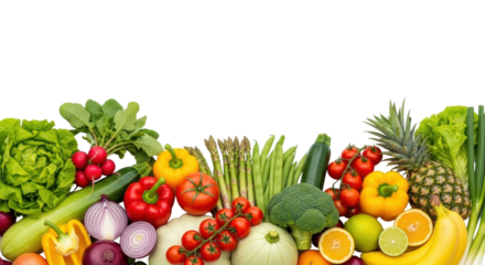 Isolated arrangement of fresh healthy produce, vegetables and fruits, colorful food banner