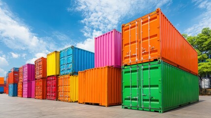 Colorful Shipping Containers Stacked in a Bright Outdoor Environment