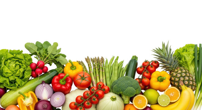 Isolated arrangement of fresh healthy produce, vegetables and fruits, colorful food banner - Powered by Adobe