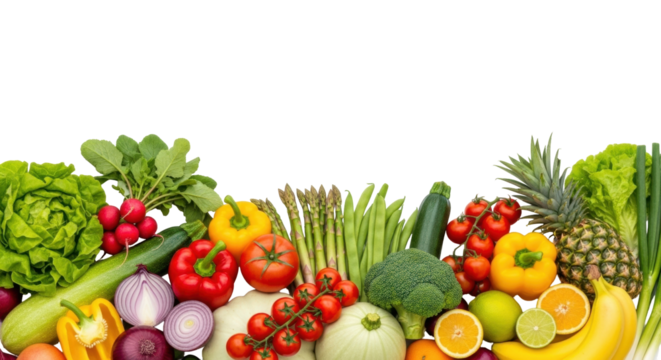 Isolated arrangement of fresh healthy produce, vegetables and fruits, colorful food banner