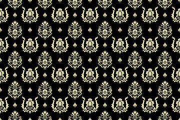 Seamless ornamental damask floral pattern in baroque vintage style with elegant cream motifs on black background, perfect for wallpaper, fabric, textile, and luxury decorative design.
