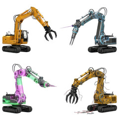 Four stylized excavators with different colored robotic arms and specialized attachments, isolated on a white background.