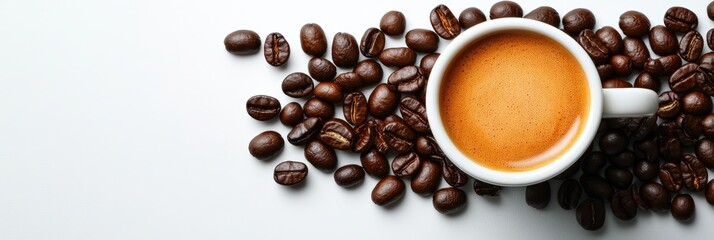 Obraz premium A steaming cup of coffee surrounded by roasted coffee beans on a white surface, highlighting a rich brown beverage.