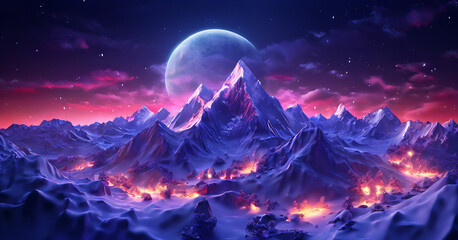 An image of a mountain scene with full moon in the sky elements frame creative depth style illustration design colorful composition emotion backgrounds cartoonish gesture figure expression