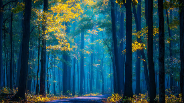 owering trees forest corridor, blue light golden leaves with mist, contemplative meditation scene