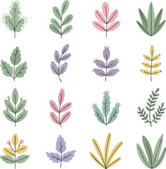 Collection of sixteen stylized leaves in various shapes and pastel colors arranged in a grid on a white background.