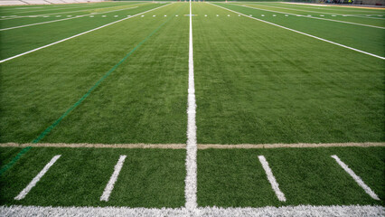 An American football field, showcasing meticulously maintained green grass surface, marked with white yard lines and numbers