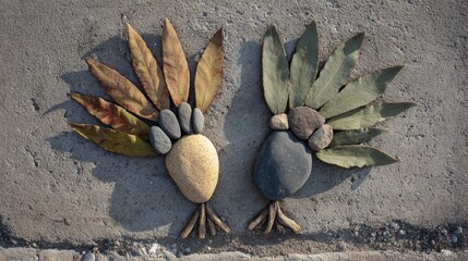 Fototapeta premium Creative Arrangement of Stones and Leaves on a Textured Background
