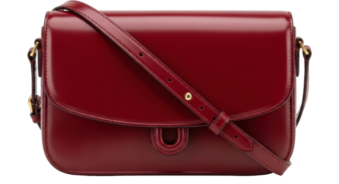 Isolated burgundy leather shoulder bag with strap, chic designer fashion accessory store model