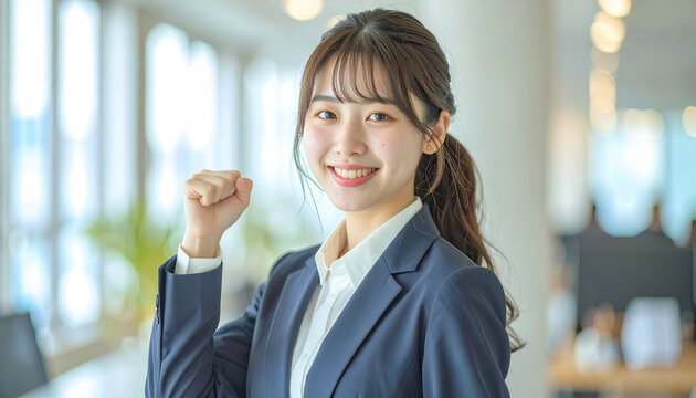 ガッツポーズをする笑顔の日本人女性会社員 – Japanese Teen Businesswoman in Navy Suit Smiling with Fist Pump Pose