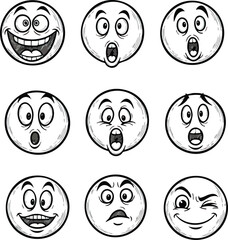 Nine cartoon emoji faces expressing various emotions including happiness, surprise, anger, and a wink, presented in a black and white sketch style.