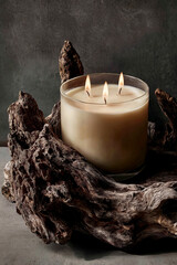 Decorative three wick candle in glass with natural wooden base rustic home decor and cozy warm atmosphere. 