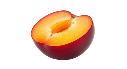 Isolated half-cut plum with smooth skin, deep color, and golden-yellow flesh interior