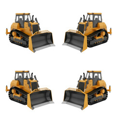 Four yellow and black bulldozers are arranged symmetrically against a white background.