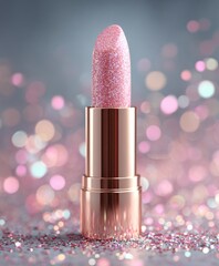 A glittery pink lipstick in a metallic case