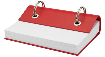 Isolated red flip desk calendar, sheets of paper on metal rings ready for customizing