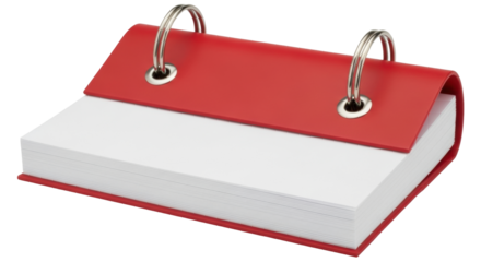 Isolated red flip desk calendar, sheets of paper on metal rings ready for customizing