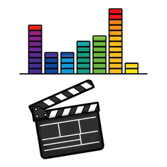 Clapperboard and colorful equalizer bars graphic illustration, suggesting audio and visual production.