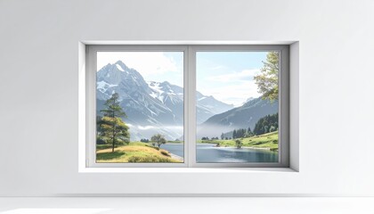 Inside a bright white room, a modern window frames a picturesque view of snow-capped mountain peaks overlooking a tranquil lake, lush green trees, and rolling hills under a clear blue sky, evoking...