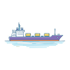 Obraz premium Modern cargo ship sailing on blue water with yellow containers illustration