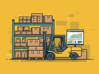Naklejka premium A forklift moves boxes in a storage space filled with shelves. A digital screen shows graphs, indicating stock levels or performance metrics.