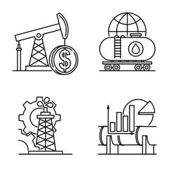 Oil production economy icons set in thin line
