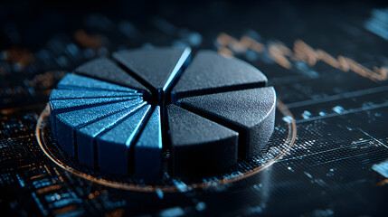 3D pie chart with blue segments on digital grid background, representing data visualization and analytics. glowing effect adds modern touch, enhancing visual appeal of statistical information