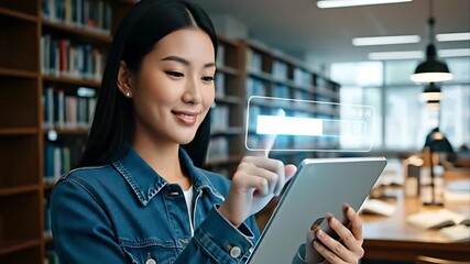 Asian woman using digital tablet with holographic search interface, technology and online learning concept - Powered by Adobe
