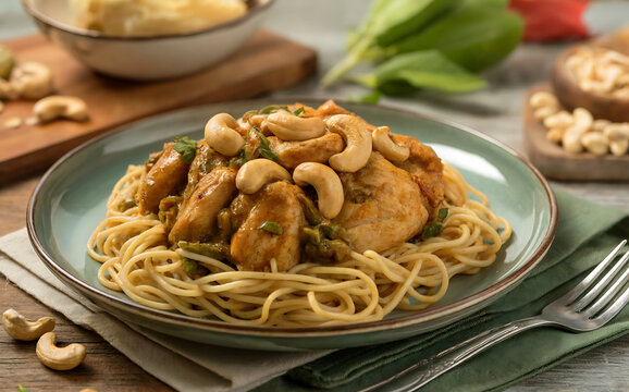 Haitian Dishes - Spaghetti - Poul ak nwa - chicken with cashews, a regional dish typical of the north of Haiti.