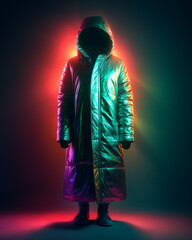 A mysterious figure in a futuristic iridescent puffer coat stands in a dimly lit space, illuminated by vibrant red and green neon lights, creating an enigmatic aura