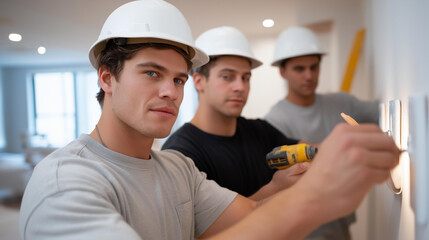 Workers fixing electrical outlets, installing night lights, and childproofing the nursery, illustrating safety precautions, technical preparation, and a functional approach to newborn care. three-qu