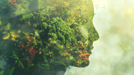 A serene double exposure artfully blends a womans profile with lush greenery, symbolizing natures intrinsic connection to the human spirit and consciousness
