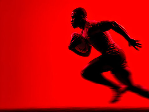 Dynamic silhouette of an athlete running with a rugby ball against a vibrant red background