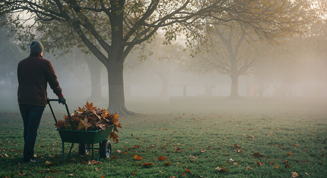 Silhouette of a man with a wheelbarrow full of collected autumn leaves against the background of a foggy park with trees covered with golden foliage.