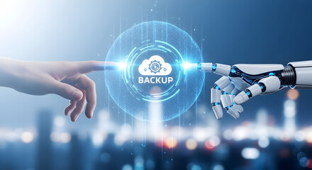 Human and Artificial Intelligence Collaboration for Secure Cloud Data Backup, Illustrating the Future of Digital Information Management and Technological Connection