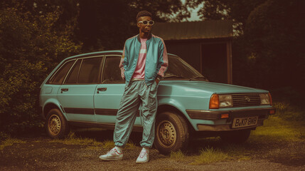 Young man wearing 90s retro outfit standing near old car