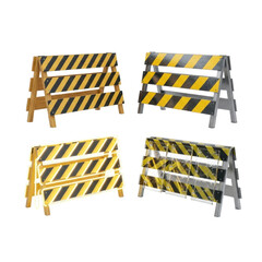 Four construction barricades with yellow and black stripes, arranged on a white background.